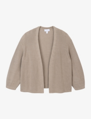 Shop The White Company Women's Taupe Collarless Ribbed Organic-cotton Knitted Cardigan