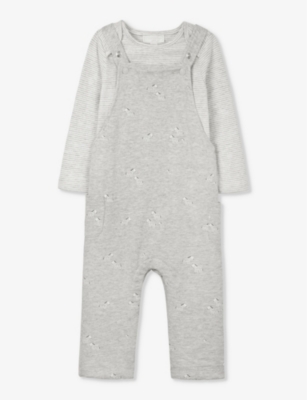 The Little White Company Babies'  Grey Marl Zebra-print Long-sleeve Organic-cotton Dungarees 0-24 Months