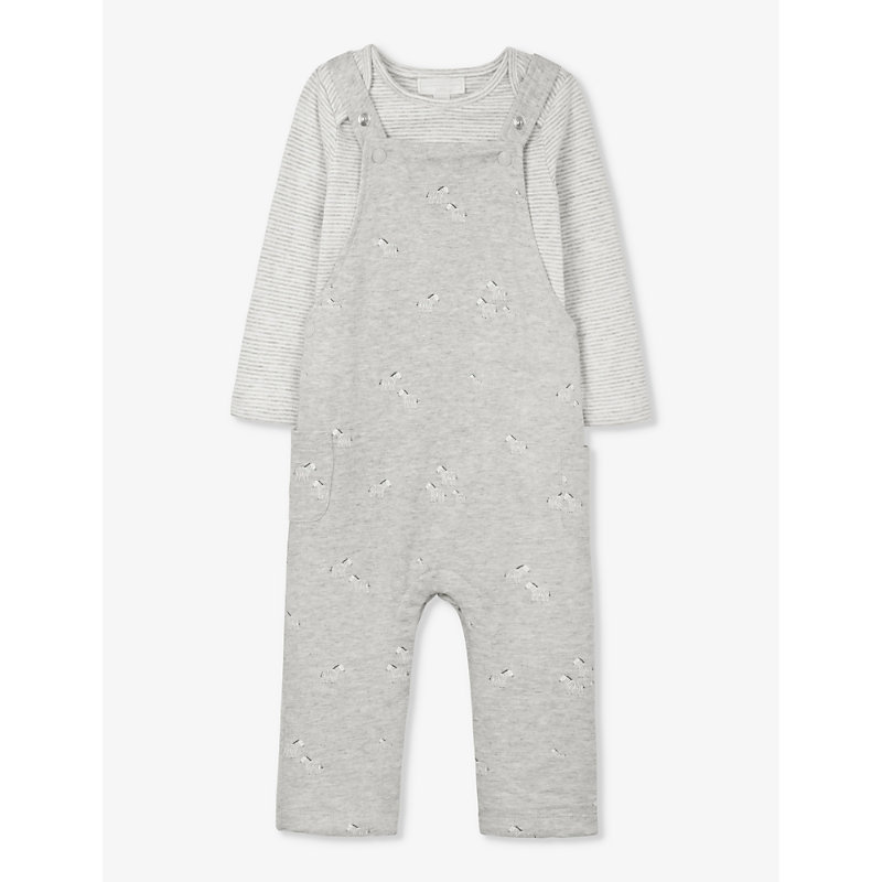 The Little White Company Babies'  Grey Marl Zebra-print Long-sleeve Organic-cotton Dungarees 0-24 Months