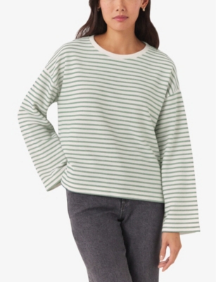 Shop The White Company Womens Sea Green Stripe-pattern Boxy-fit Organic-cotton Top
