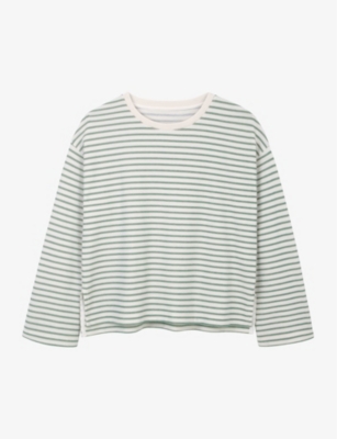Shop The White Company Womens Sea Green Stripe-pattern Boxy-fit Organic-cotton Top