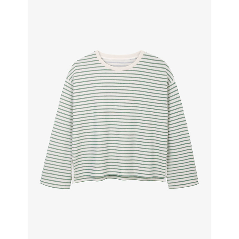 The White Company Womens Sea Green Stripe-pattern Boxy-fit Organic-cotton Top