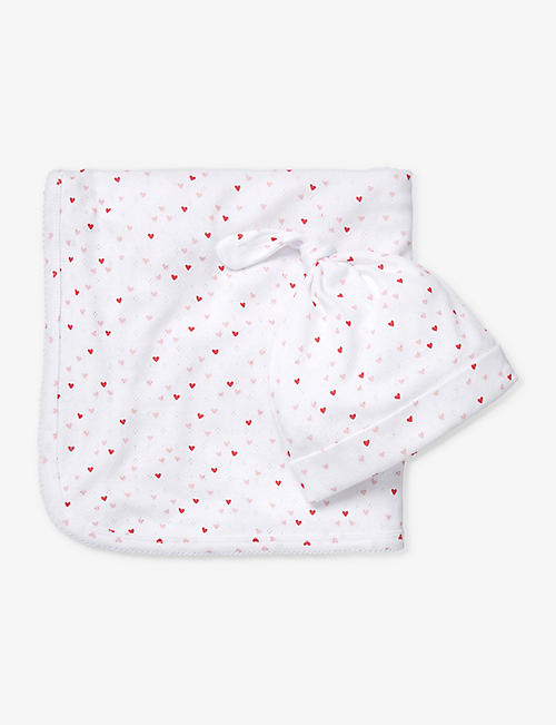 THE LITTLE WHITE COMPANY: Heart-print organic-cotton hat and blanket set
