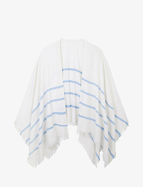 THE WHITE COMPANY: Stripe-pattern fringed-hem cotton and cashmere-blend poncho