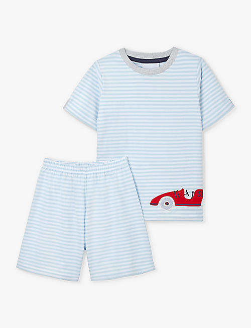 THE LITTLE WHITE COMPANY: Race car-embroidered stripe organic-cotton pyjamas 1-6 years