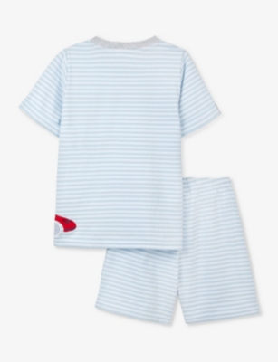 Shop The Little White Company Boys White/blue Kids Race Car-embroidered Stripe Organic-cotton Pyjamas 7-1