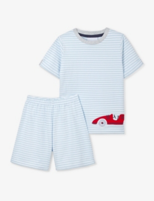 The Little White Company Kids' Race Car-embroidered Stripe Organic-cotton Pyjamas 7-12 Years In White/blue