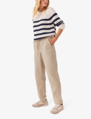 Shop The White Company Women's Latte Patch-pocket Elasticated-waist Tapered-leg Organic-cotton Trousers