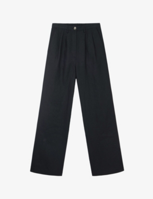 The White Company Womens Black Two Pleat Wide-leg Linen Trousers