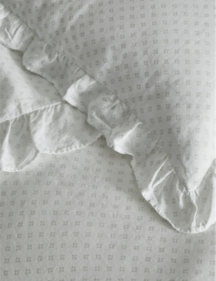 Shop The White Company White/grey Dorit Block-print Ruffle-trim Cotton Flat Sheet