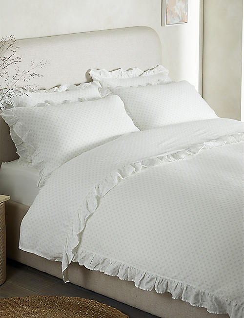 THE WHITE COMPANY: Dorit block-print ruffle-trim cotton flat sheet