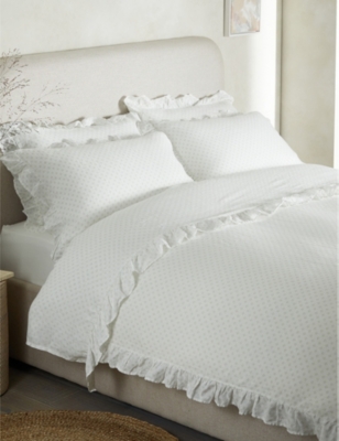 The White Company White/grey Dorit Block-print Ruffle-trim Cotton Flat Sheet