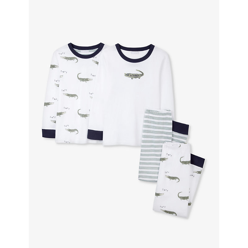 The Little White Company Boys Whitegreen Kids Crocodile And Stripe-print Organic-cotton Pyjamas Set