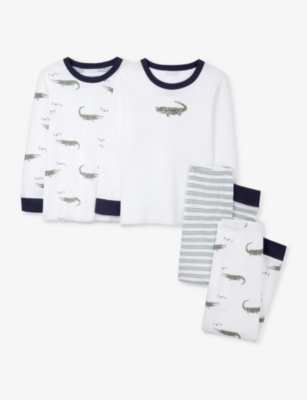 The Little White Company Boys Whitegreen Kids Crocodile-print Organic-cotton Pyjamas Set Of Two 7-12