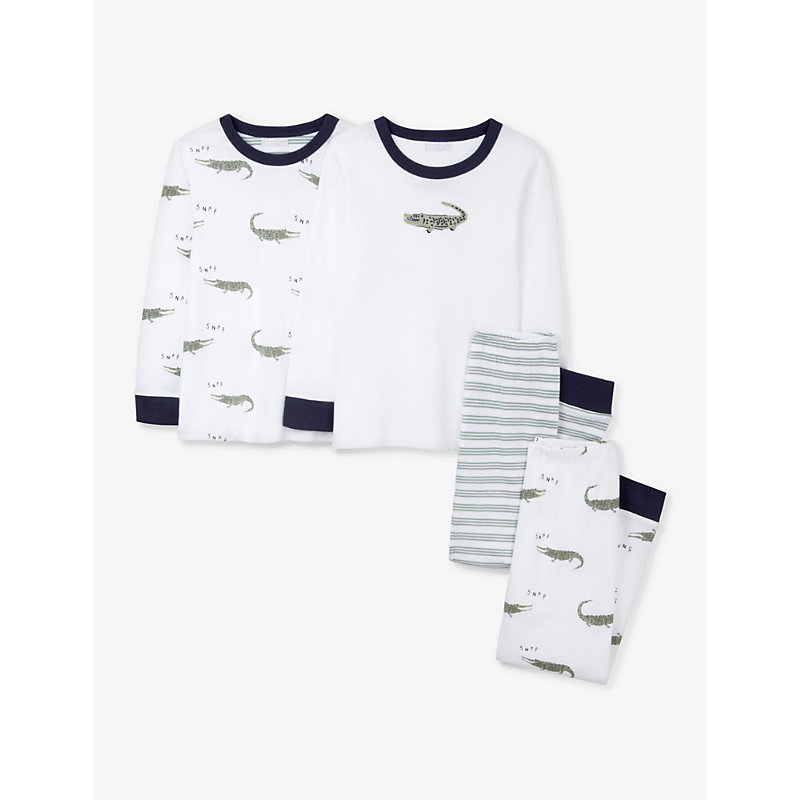 The Little White Company Boys Whitegreen Kids Crocodile-print Organic-cotton Pyjamas Set Of Two 7-12
