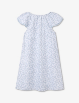 Shop The Little White Company Floral-print Flutter-sleeve Cotton Mini Dress 1-6 Years In White/blue