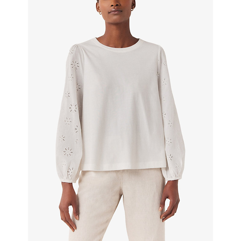 Shop The White Company Women's White Broderie-sleeve Regular-fit Organic-cotton Top