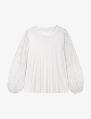 The White Company Womens White Broderie-sleeve Regular-fit Organic-cotton Top