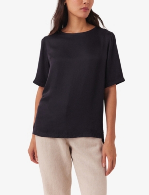 Shop The White Company Women's Navy Satin-front Short-sleeve Stretch-jersey T-shirt