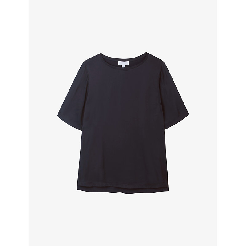 Shop The White Company Women's Navy Satin-front Short-sleeve Stretch-jersey T-shirt