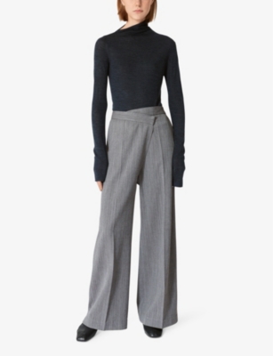 Shop Lovechild Womens Grey Malange Tabitha Asymmetric-waistband Straight-leg Mid-rise Stretch Woven Trous