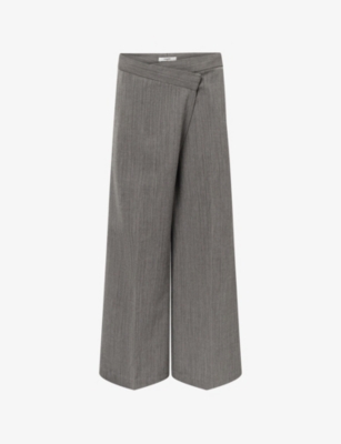 Shop Lovechild Womens Grey Malange Tabitha Asymmetric-waistband Straight-leg Mid-rise Stretch Woven Trous