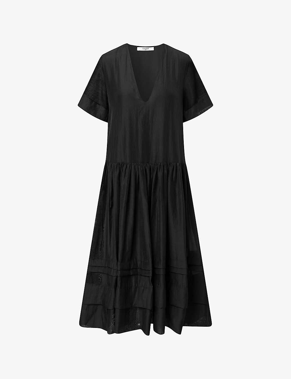 Lovechild Womens Black Hounda Tiered-hem Woven Midi Dress