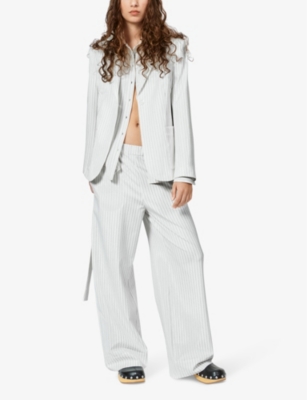 Shop Nue Notes Women's Egret Jefferson Striped Elasticated-waist Wide-leg Stretch-woven Trousers