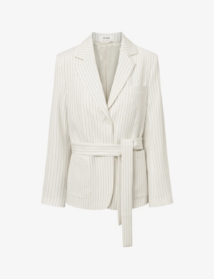 Nue Notes Womens Egret Bellamy Striped Belted Stretch-woven Blazer