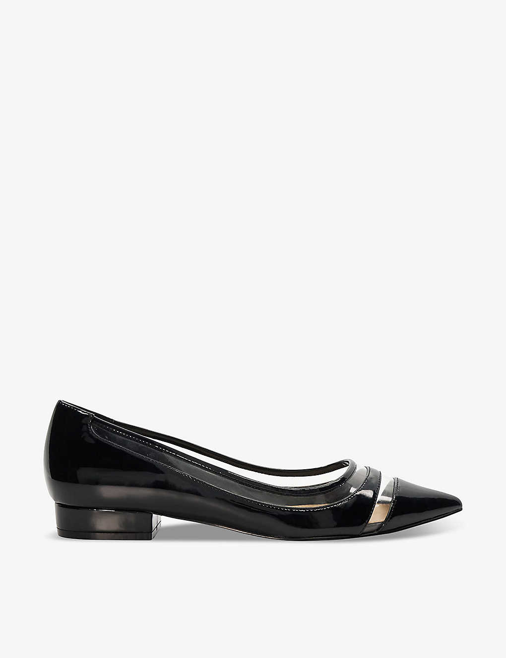 Dune Womens Black-patent Synthetic Hepburn Transparent-panel Patent Faux-leather Flat Courts
