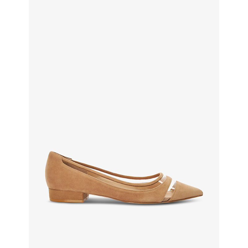 Dune Womens Camel-suede Hepburn Transparent-panel Patent Faux-leather Flat Courts