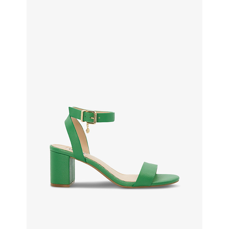 Dune Womens Green-leather Memee Logo-charm Faux-leather Heeled Sandals