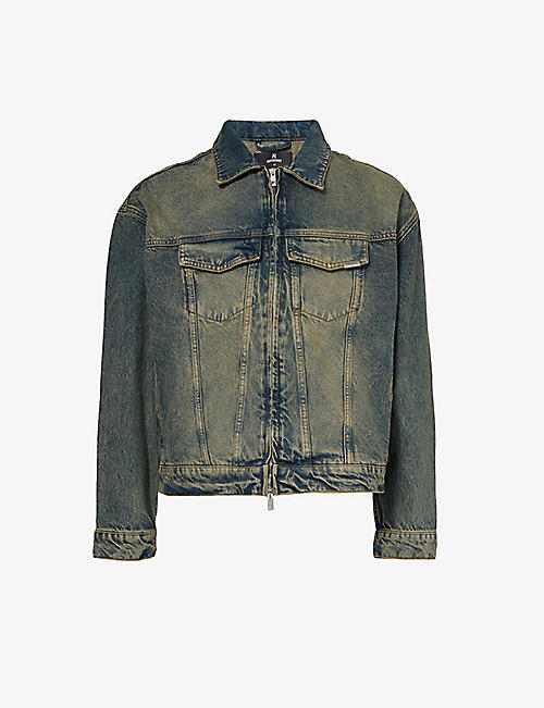 REPRESENT: R4 brand-plaque faded-wash denim jacket