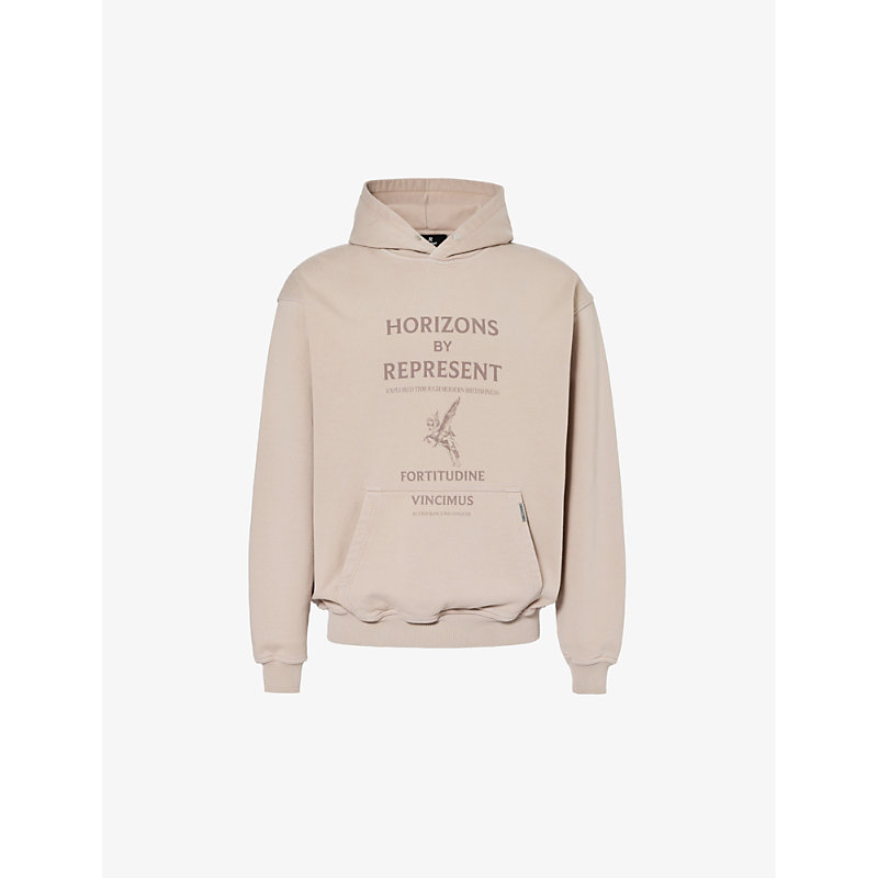 Represent Mens Washed Taupe Horizon Graphic-print Cotton-jersey Hoody