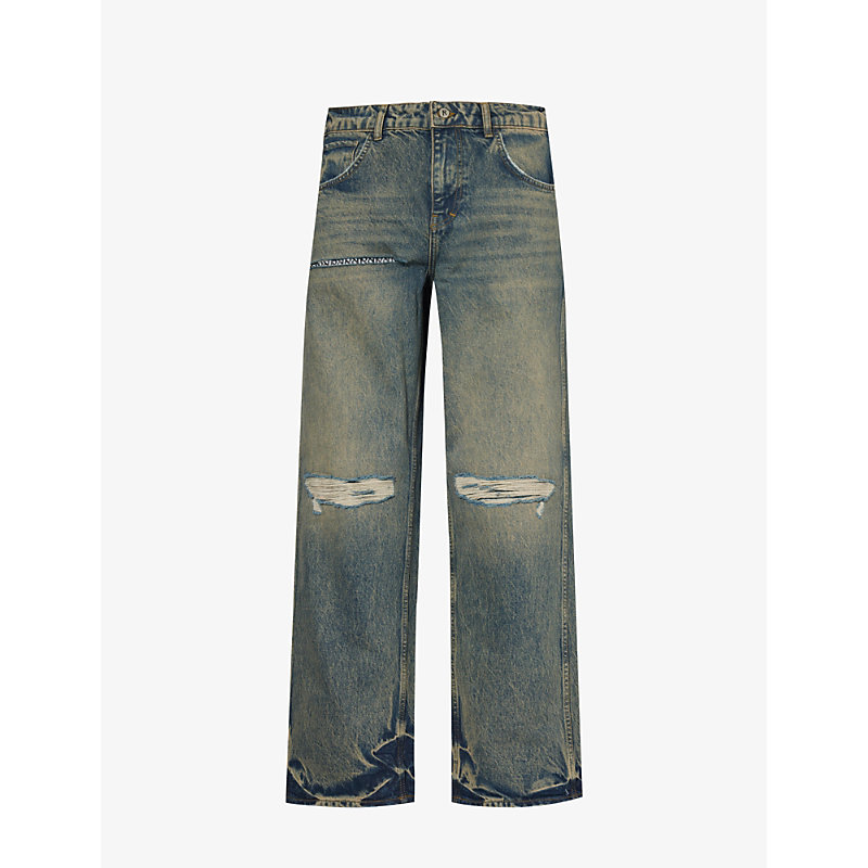 Shop Represent Men's Blue Cream R3 Distressed Wide-leg Jeans