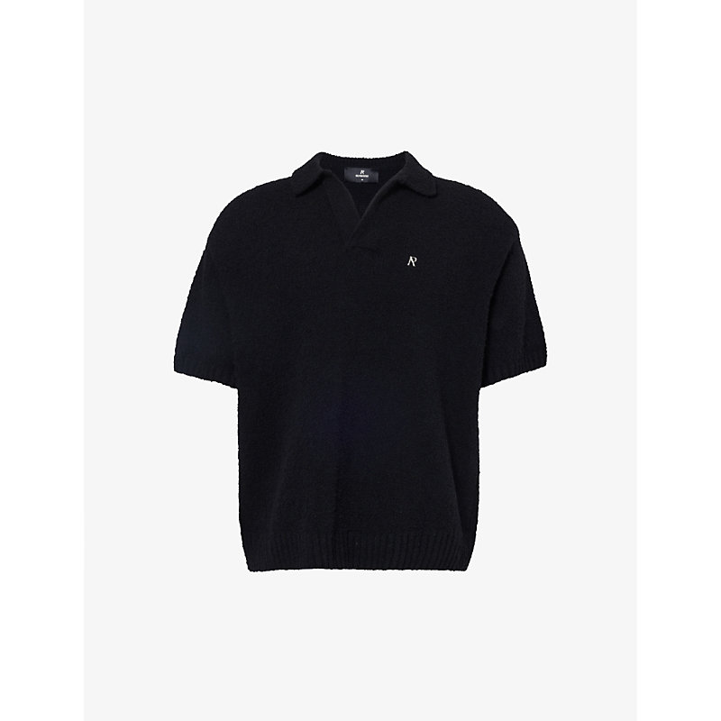 Represent Mens Black Branded-hardware Ribbed-trim Wool-blend Knitted Polo Shirt