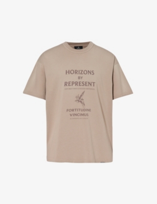 Shop Represent Mens Washed Taupe Horizons Graphic-print Cotton-jersey T-shirt