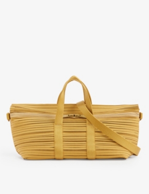 Issey Miyake Pleats Please  Ocher Pleated Woven Top-handle Bag In Gold