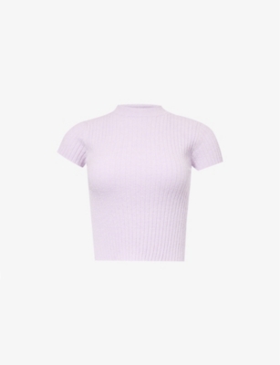 Good American Womens Lavender01 Mock-neck Ribbed Cotton-blend Top