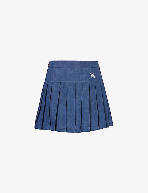 PALM ANGELS: Logo-embroidered pleated mid-rise linen mini skirt