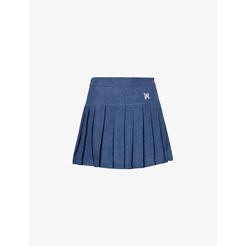Shop Palm Angels Women's Indi Blue Logo-embroidered Pleated Mid-rise Linen Mini Skirt