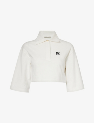 Shop Palm Angels Women's White Black Logo-embroidered Cropped Cotton-piqué Polo Shirt