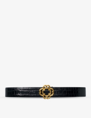 Maje Womens Noir / Gris Clover-buckle Croc-embossed Leather Belt