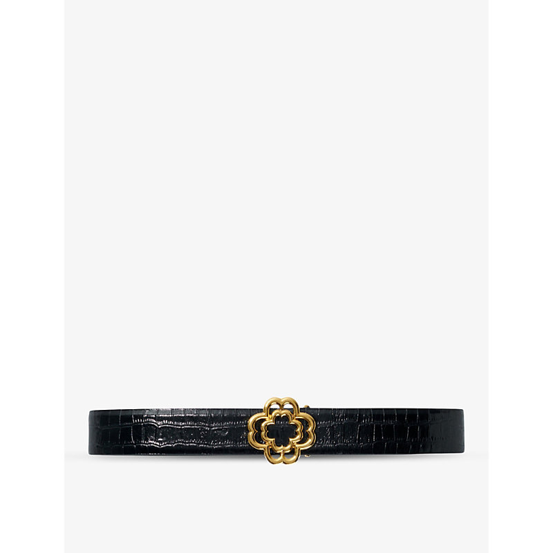 Maje Women's Noir / Gris Clover-buckle Croc-embossed Leather Belt