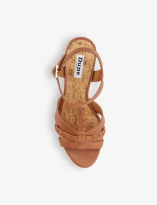 Dune Womens Tan-leather Koala Plaited Cork-wedge Leather Heeled Sandals In Tan-leather