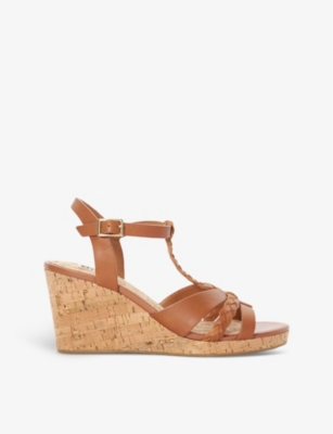 Dune Womens Tan-leather Koala Plaited Cork-wedge Leather Heeled Sandals