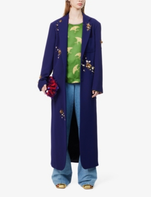 Shop Dries Van Noten Embellished Notch-lapel Relaxed-fit Woven Coat In Inkblue