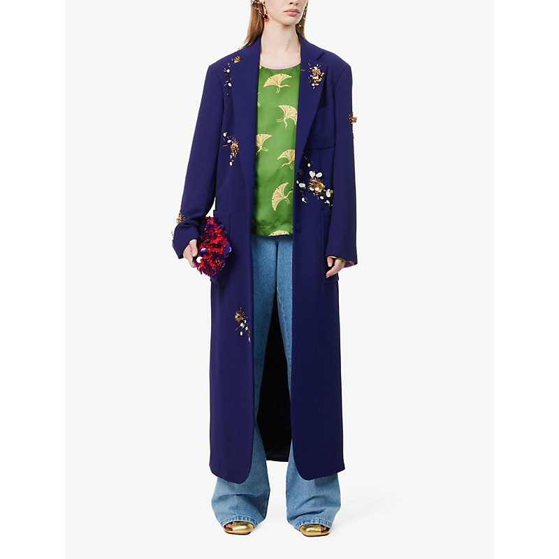 Shop Dries Van Noten Embellished Notch-lapel Relaxed-fit Woven Coat In Inkblue