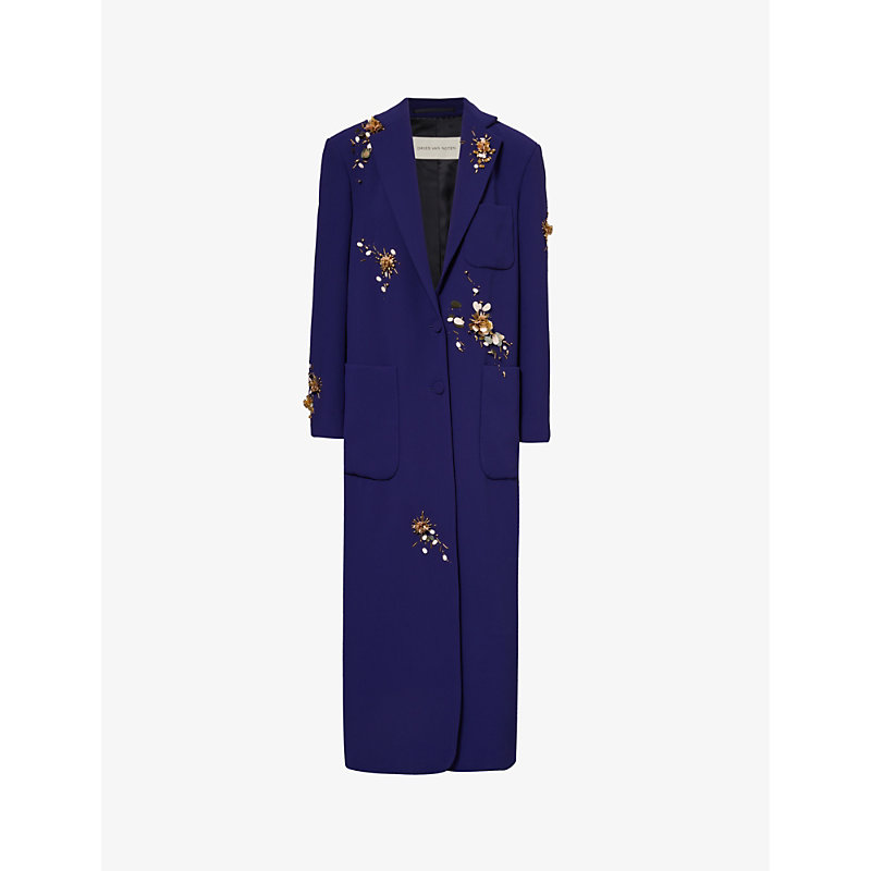 Dries Van Noten Womens Inkblue Embellished Notch-lapel Relaxed-fit Woven Coat