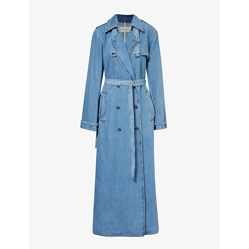 Shop Dries Van Noten Double-breasted Belted Denim Trench Coat In Light Blue